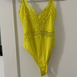 Size small, yellow, Zara body suit with lace detail.